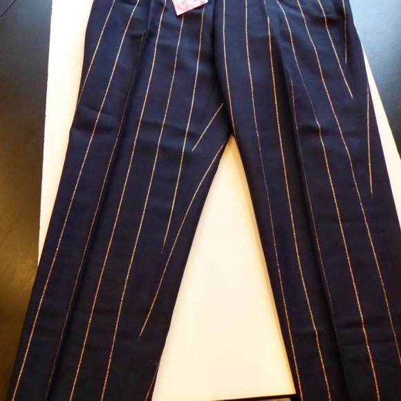 Vilagallo Wool Navy Gold Pin Stripe Front Pleat w/Cuffs Pant EU 38 USA 6 Women's - Picture 3 of 14